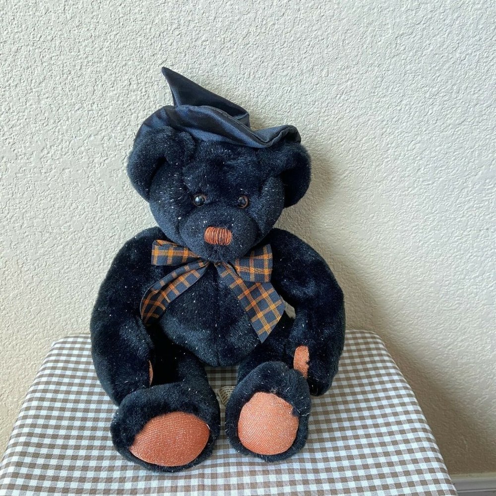Vintage Bestever Black Sparkle Witch Bear Plush Plaided Orange Bowtie Halloween